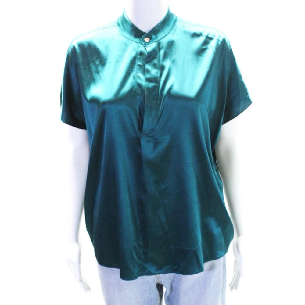 Ramy Brook Silk Satin Emerald Green Oversized Cap Sleeve Blouse S